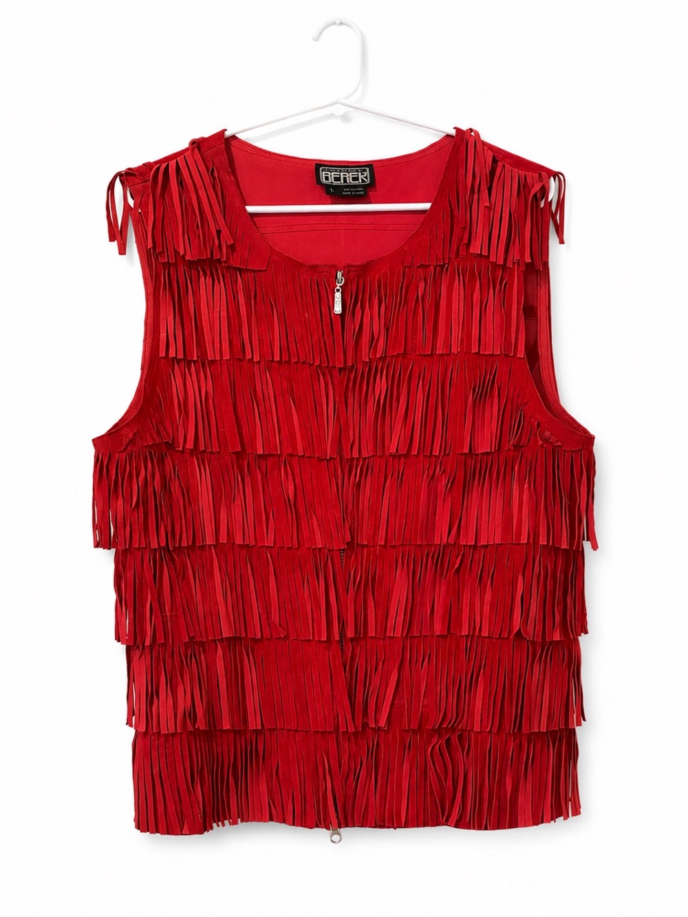 berek Red Fringe Zip-Front Tank Top